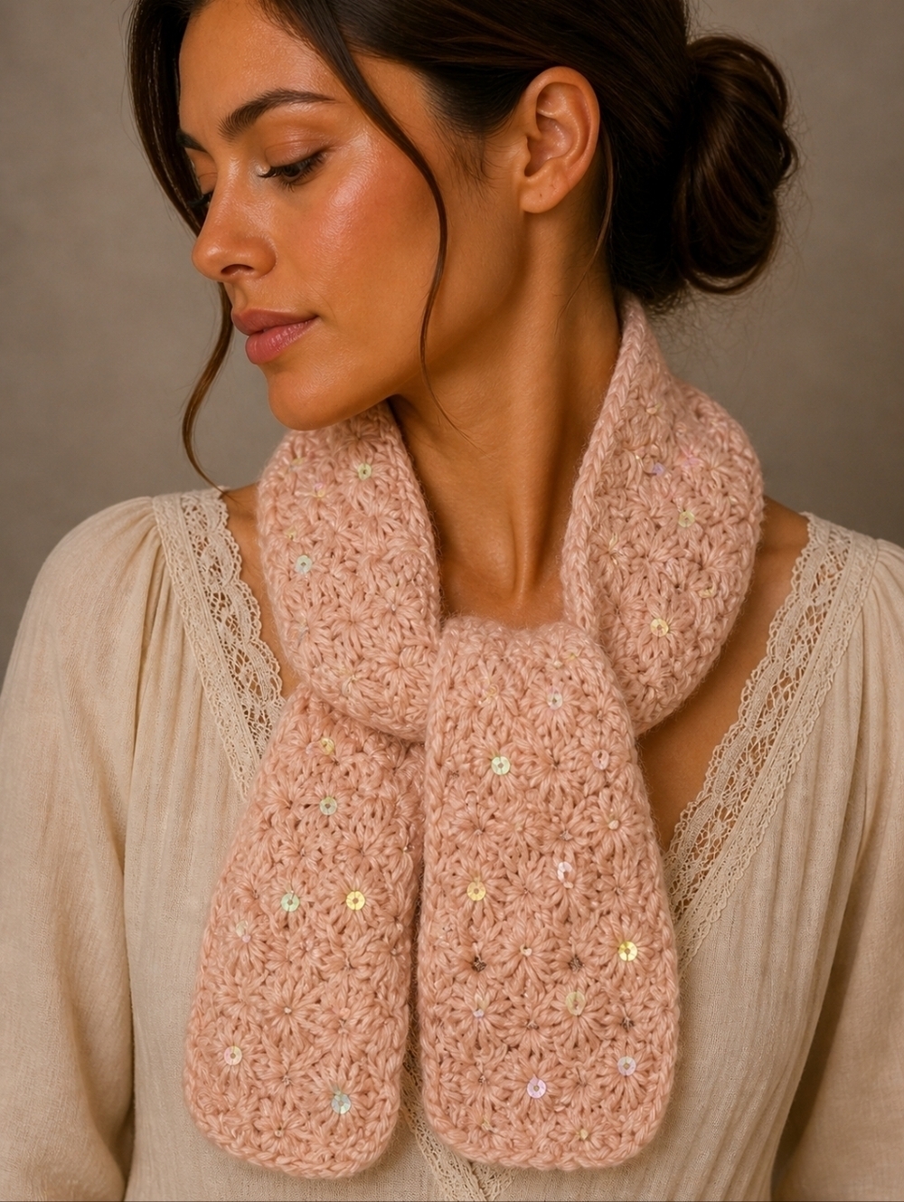 BONGO Light Pink Coquette Floral Sequin Knit Scarf